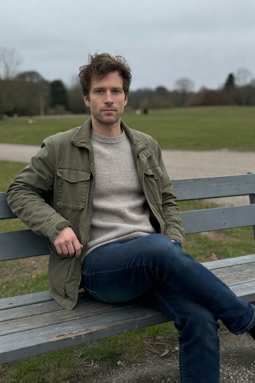 Man in olive green field jacket over light gray sweater, dark jeans, and black boots, lounging casually on a park bench amid grassy fields under overcast skies