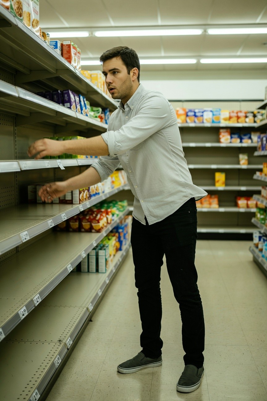 A man in a light blue-white button-down shirt with rolled sleeves, slim black jeans, and gray sneakers reaches for cereal boxes on a grocery store shelf, surrounded by neutral-toned aisles.