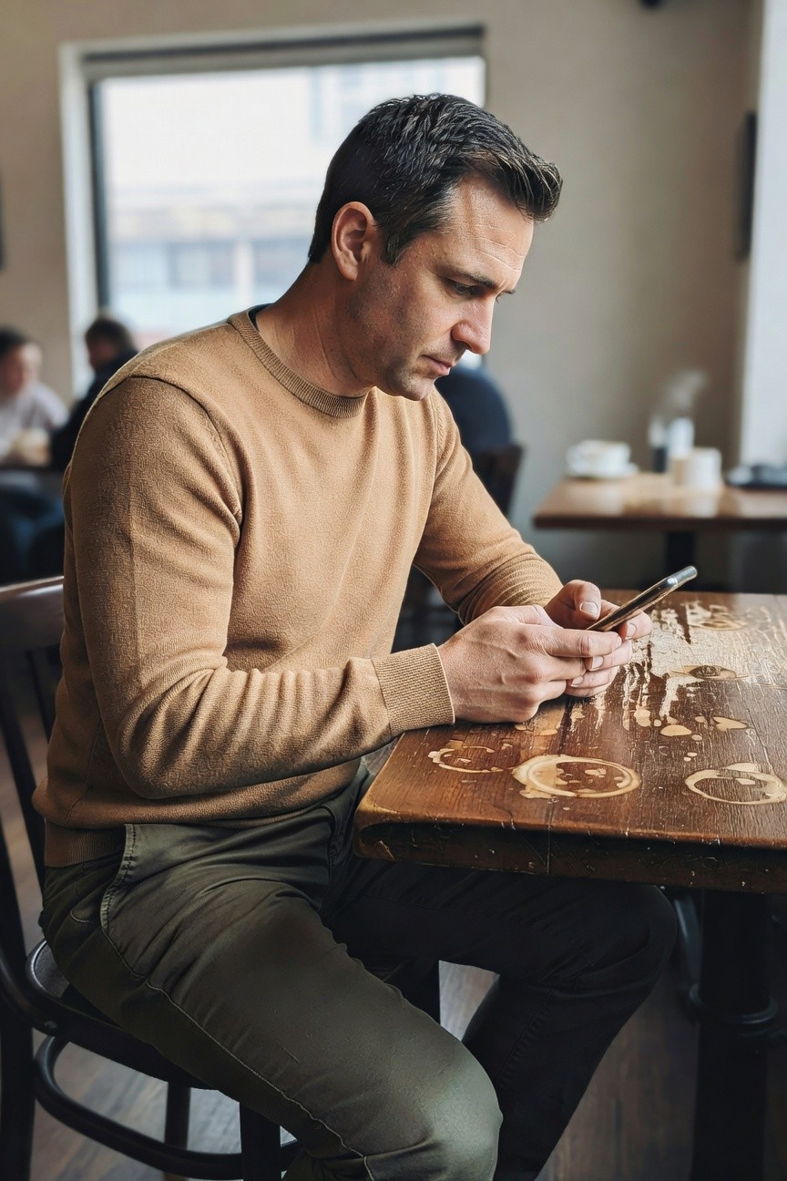 Man in tan crewneck sweater and olive green trousers sits at a cafe table, holding a phone, with coffee stains on the wooden surface and blurred background diners