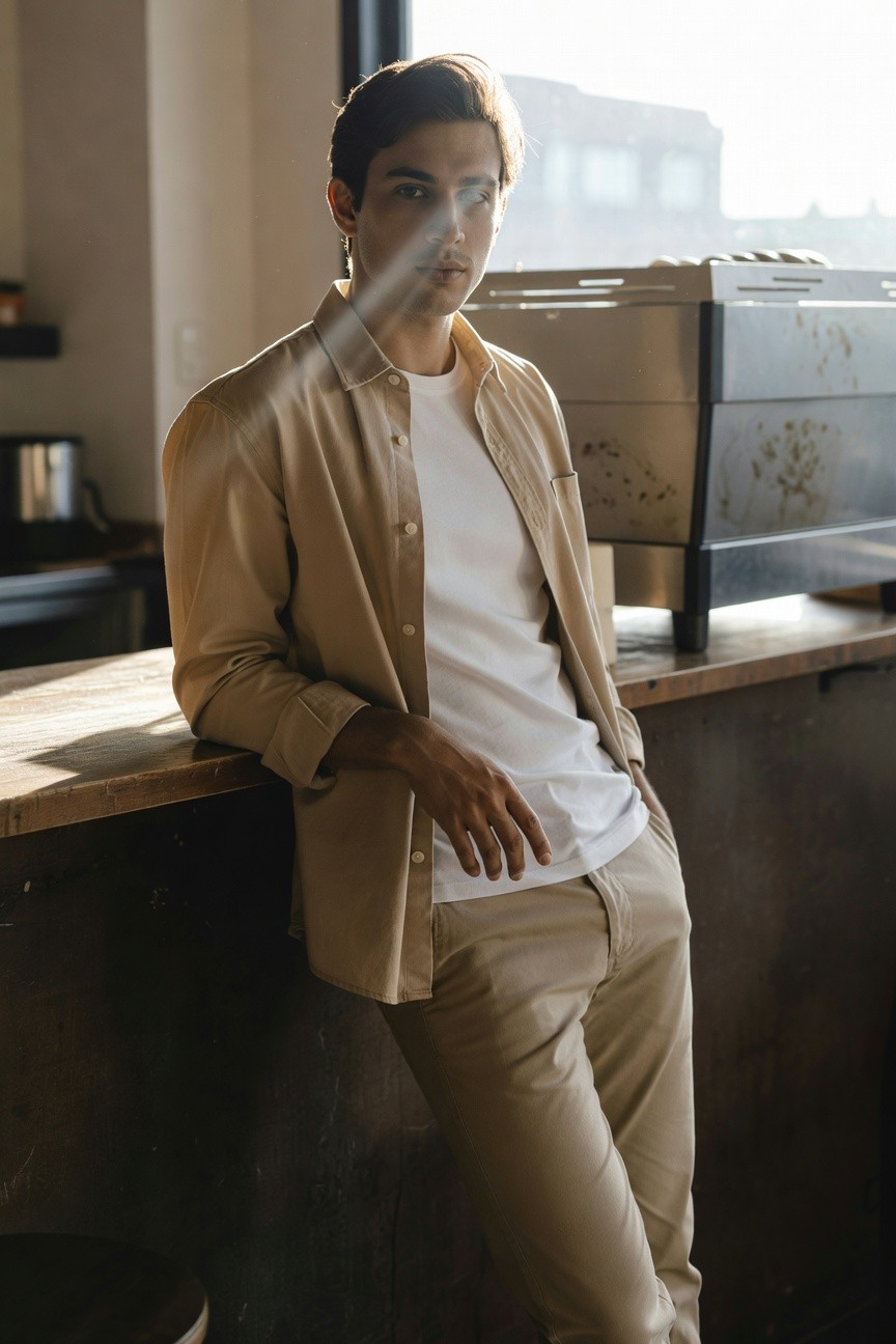 Young man with side-parted dark hair and subtle earring leans casually on a wooden cafe counter in golden sunlight, dressed in an open beige linen-blend overshirt over fitted white t-shirt and relaxed beige trousers