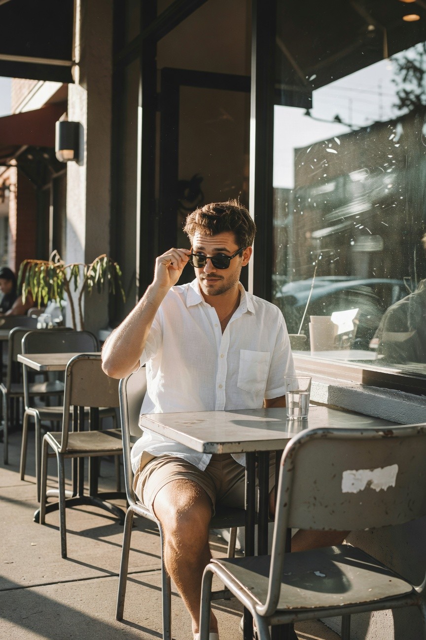 A man sits casually at an outdoor cafe table in a white short-sleeve button-up shirt unbuttoned at the top, khaki shorts, sunglasses low on his nose, against a backdrop of glass storefront and potted plants in neutral tones.