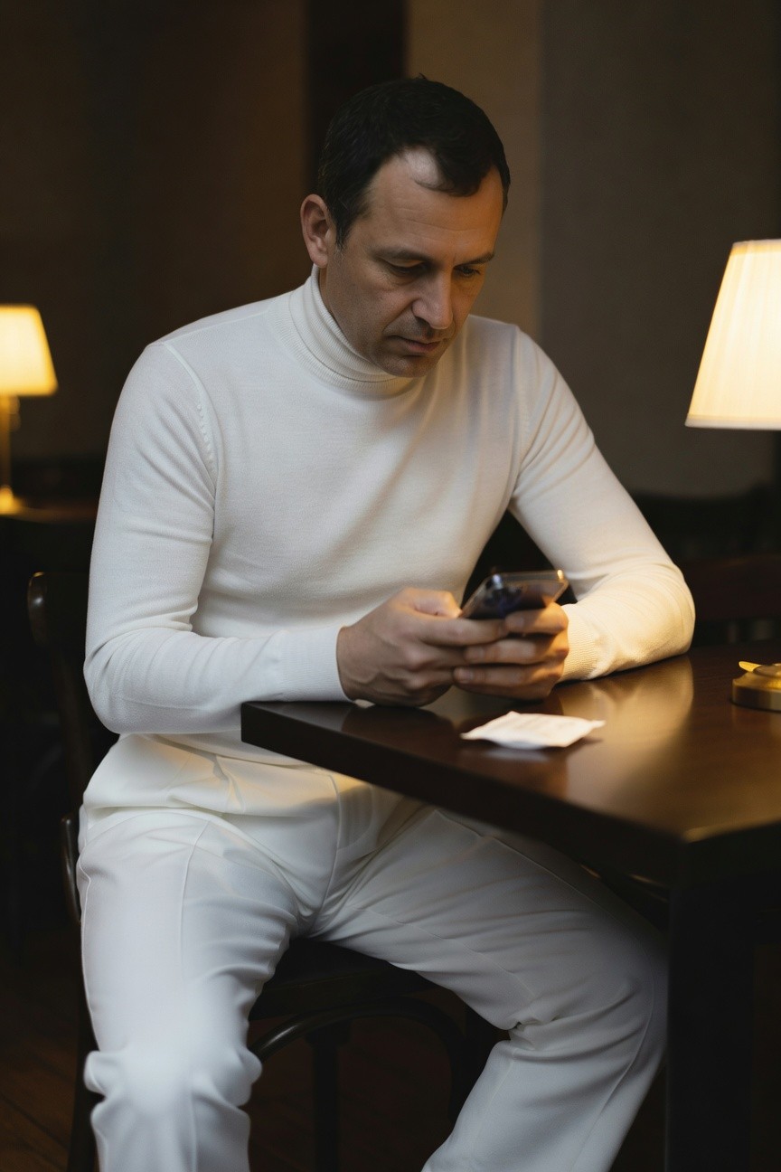 Man in crisp all-white turtleneck sweater and tailored white pants sits pensively at a dark wooden table in a warmly lit lounge, holding a phone with focused expression