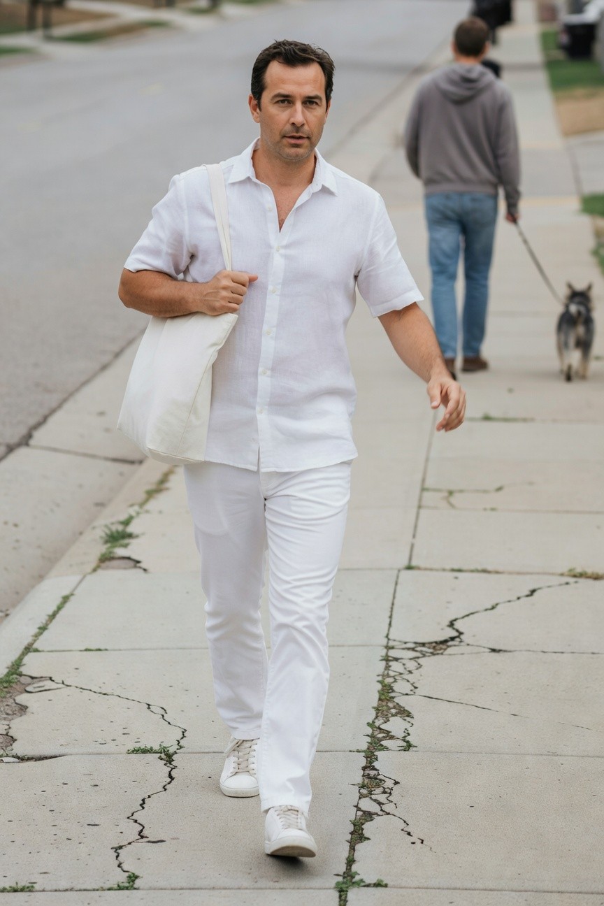 Man in all-white linen short-sleeve button-up shirt, matching slim pants, white sneakers, and canvas tote bag, striding casually on cracked urban sidewalk with dog walker in background