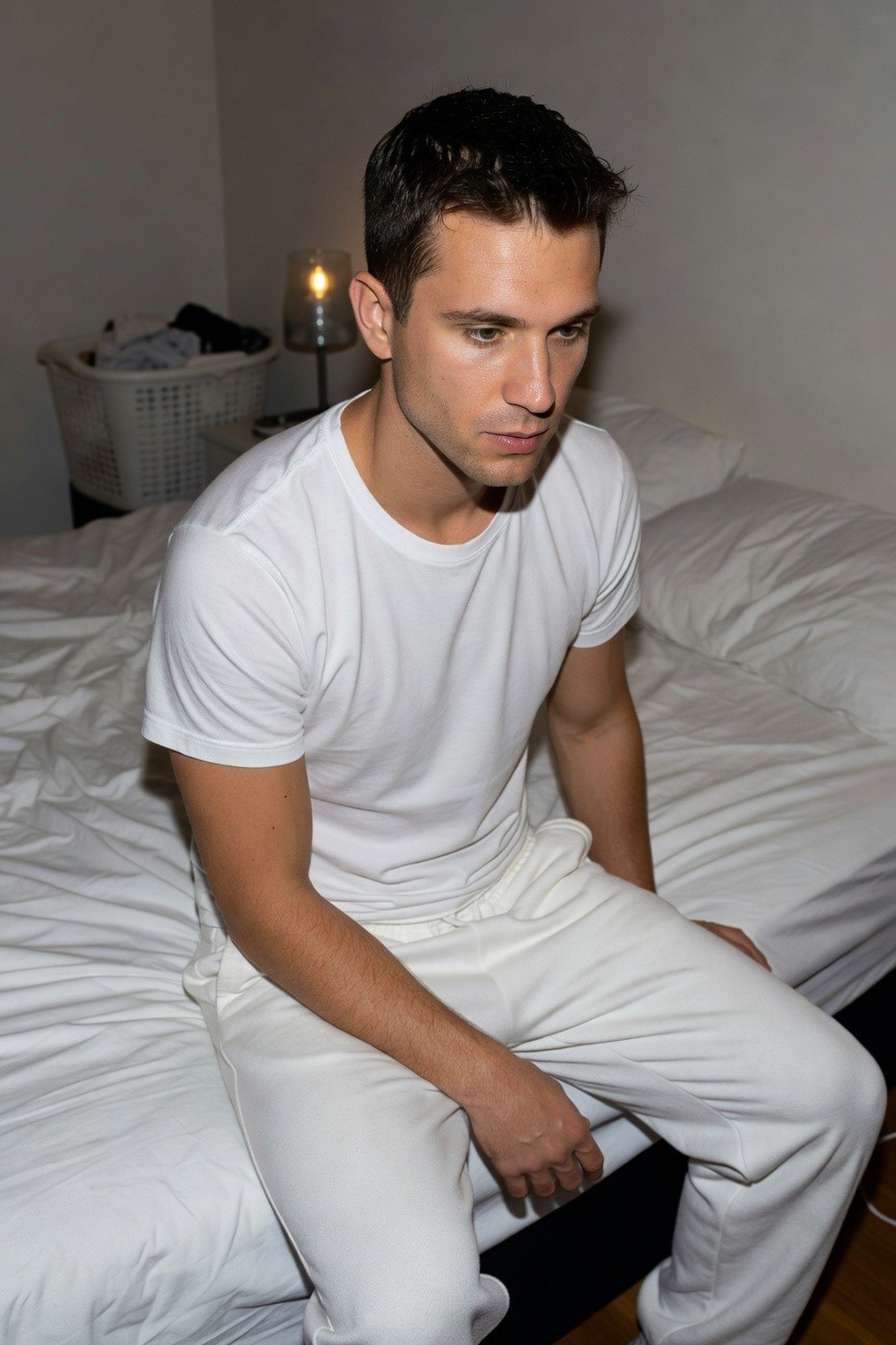 Young man with short dark hair sits pensively on a white bed in a dimly lit bedroom, wearing a fitted white t-shirt and loose white lounge pants, laundry basket and candle nearby