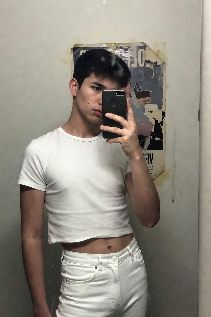 Young man with dark hair taking a mirror selfie in a bathroom, wearing a fitted white cropped short-sleeve t-shirt exposing his midriff and high-waisted white jeans, against a plain wall with a vintage poster