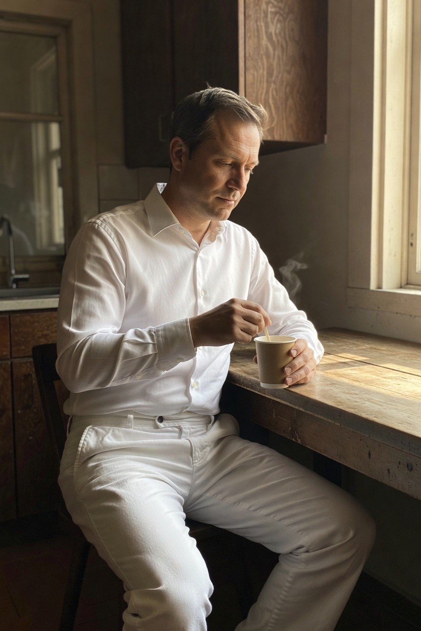 Man in flowing white long-sleeve shirt and slim white trousers sits thoughtfully at sunlit wooden kitchen counter holding steaming coffee mug, evoking relaxed modern minimalism