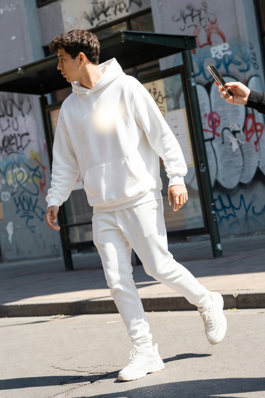 Young man in oversized white hoodie, matching sweatpants, and chunky white sneakers striding confidently past a graffiti-covered bus shelter in an urban street setting