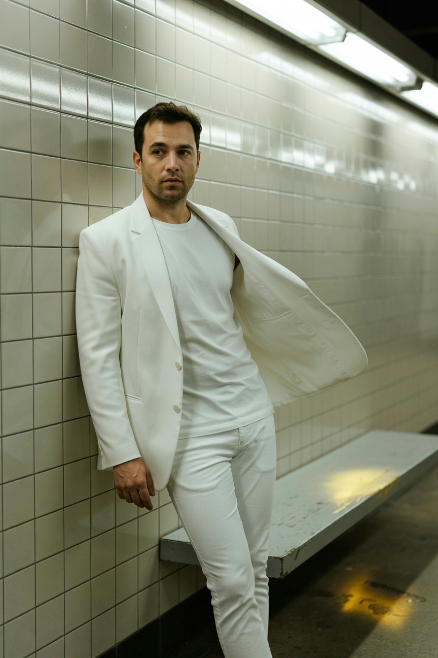 Handsome man in open white blazer over white t-shirt and slim white pants, leaning casually against tiled subway wall under fluorescent lights