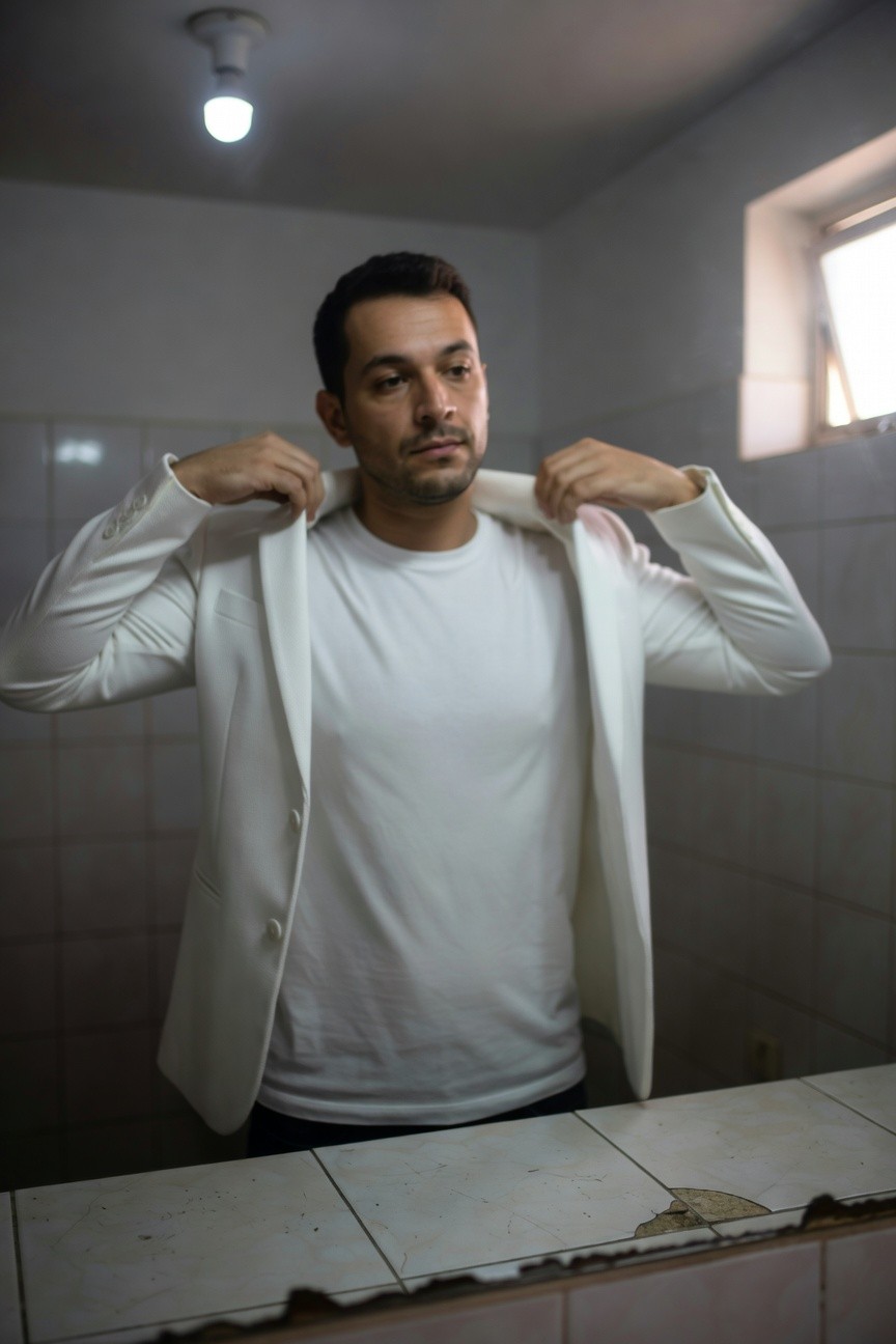 Man in a tiled bathroom mirror, adjusting open white blazer over white t-shirt and black pants, soft lighting from overhead bulb