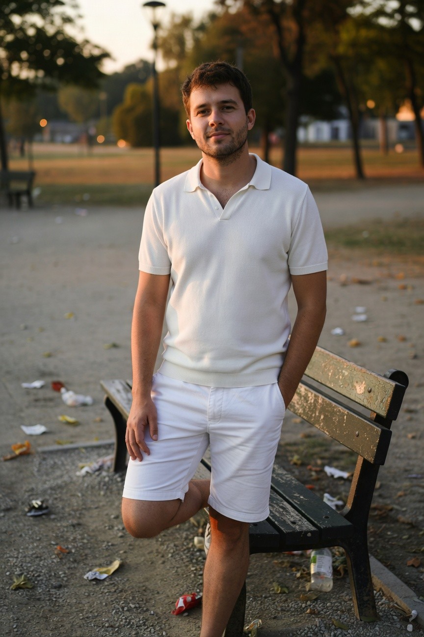 A man stands confidently in a park at dusk wearing a white short-sleeve polo shirt and matching white tailored shorts, one foot propped on a weathered bench amid fallen leaves and litter, evoking relaxed modern summer style.