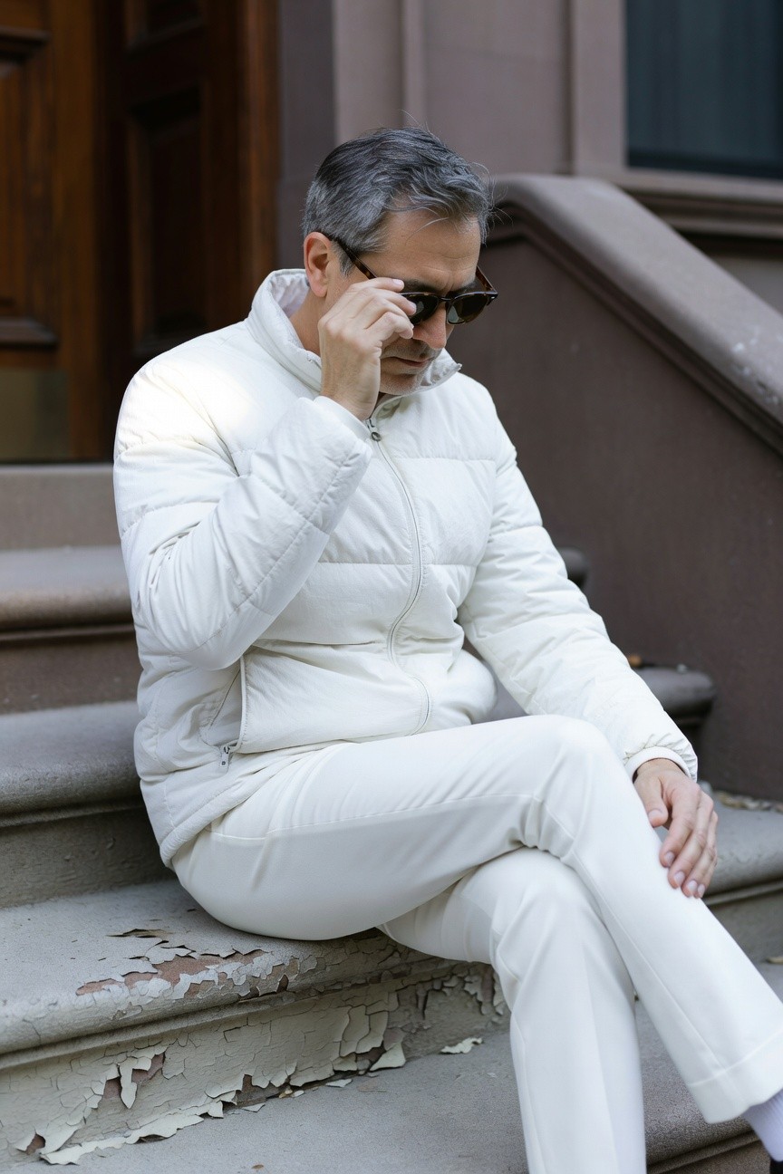 Silver-haired man in sleek white puffer jacket and matching slim white trousers sits relaxed on brownstone steps, sunglasses on, hand to face against urban backdrop