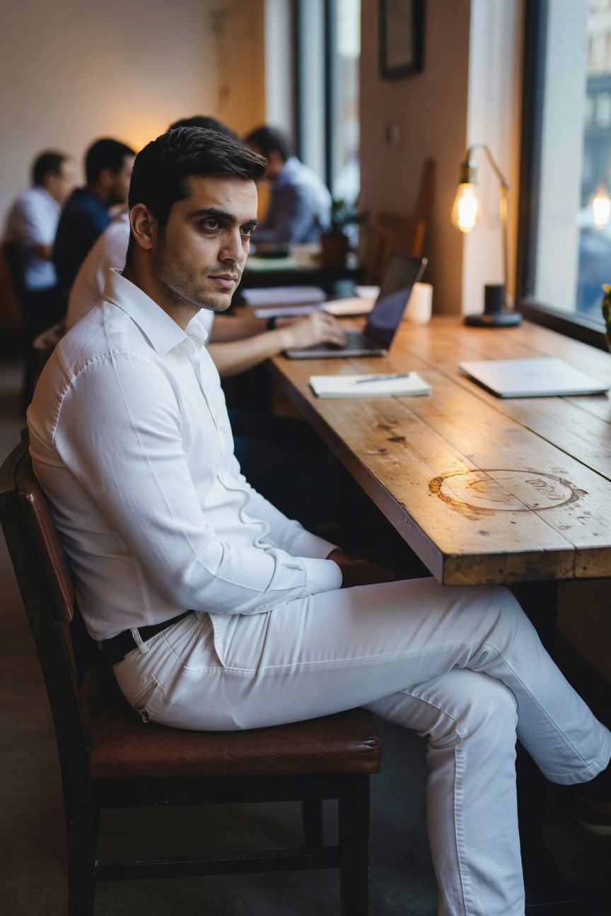 Handsome man with dark hair in tailored white button-up shirt and slim white trousers sits casually at wooden cafe table with open laptop, surrounded by warm lighting and blurred patrons in background