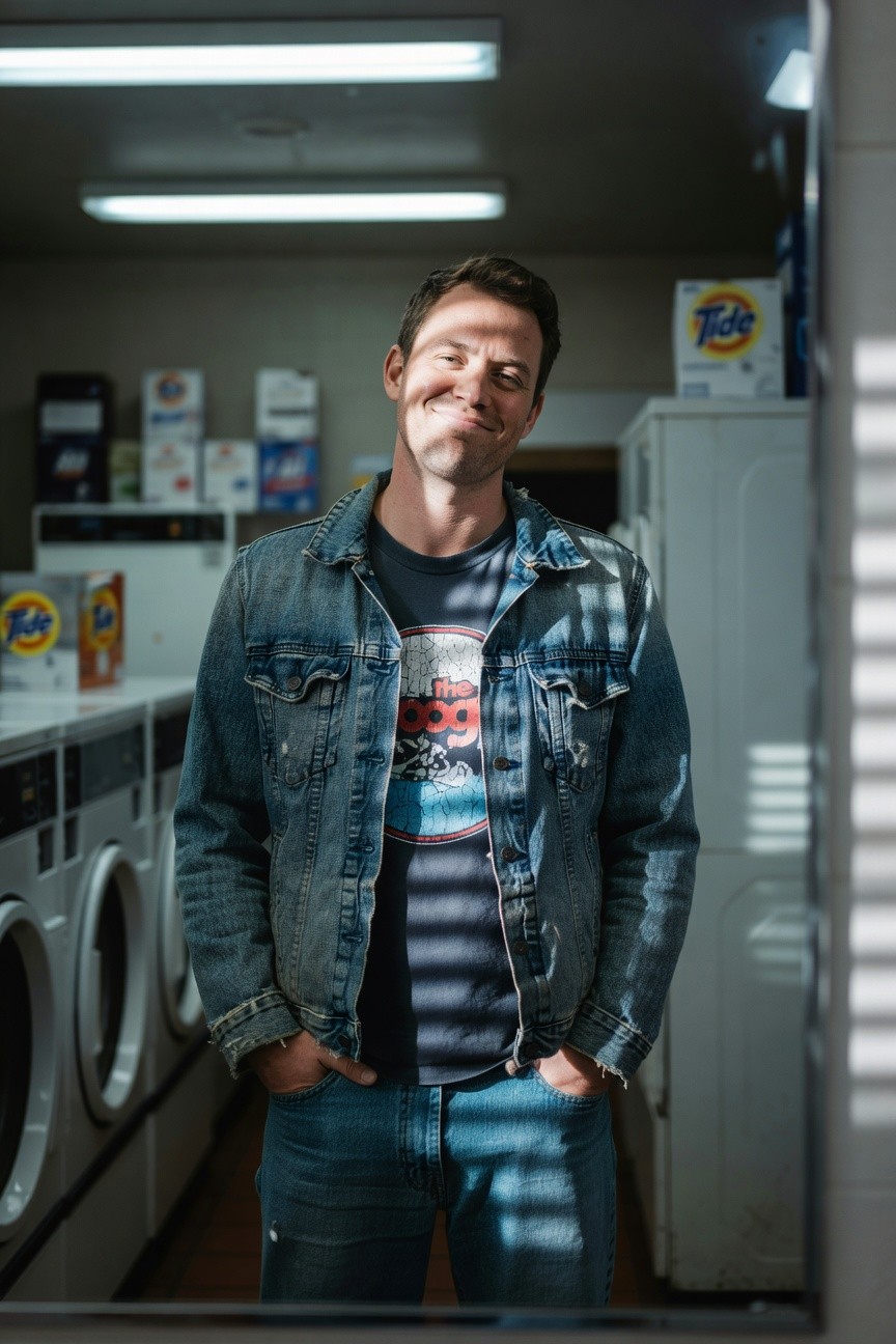 Man in light wash denim jacket layered over dark graphic t-shirt with mountain wave design and blue jeans, hands in pockets, standing casually in laundromat setting