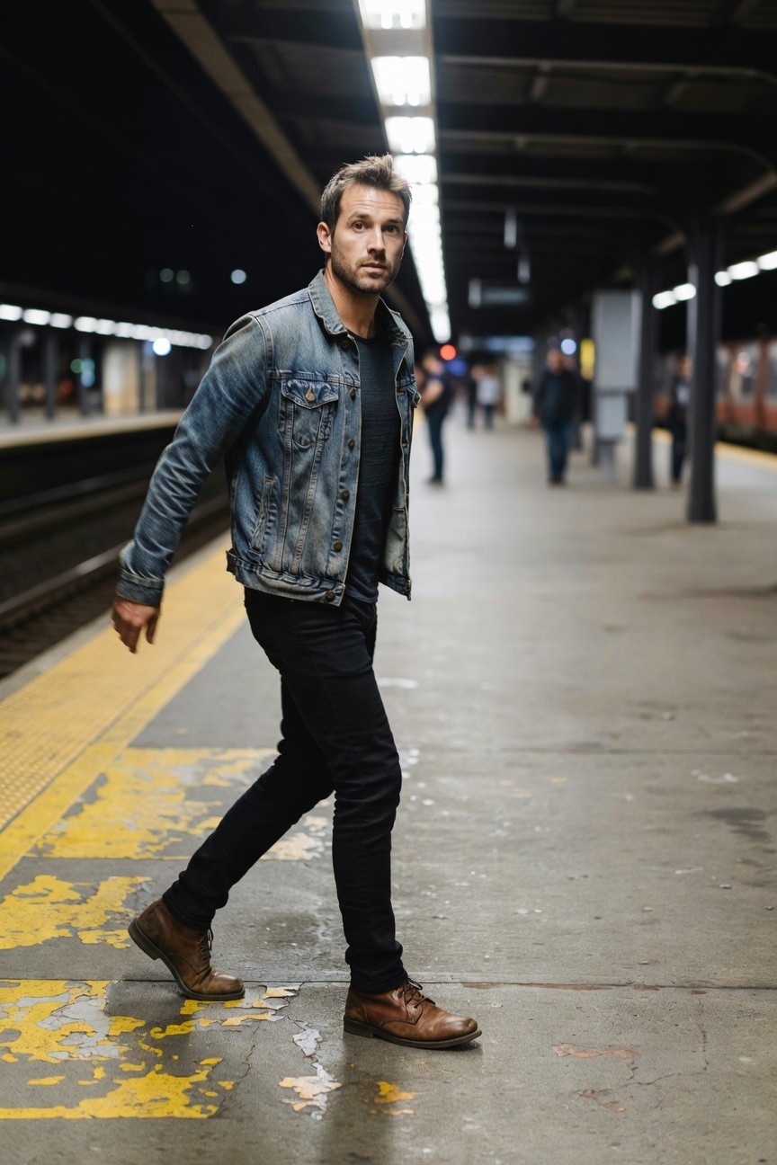 Man walking on subway platform in light blue denim jacket over black t-shirt, black slim-fit jeans, and brown leather boots, modern casual cowboy style
