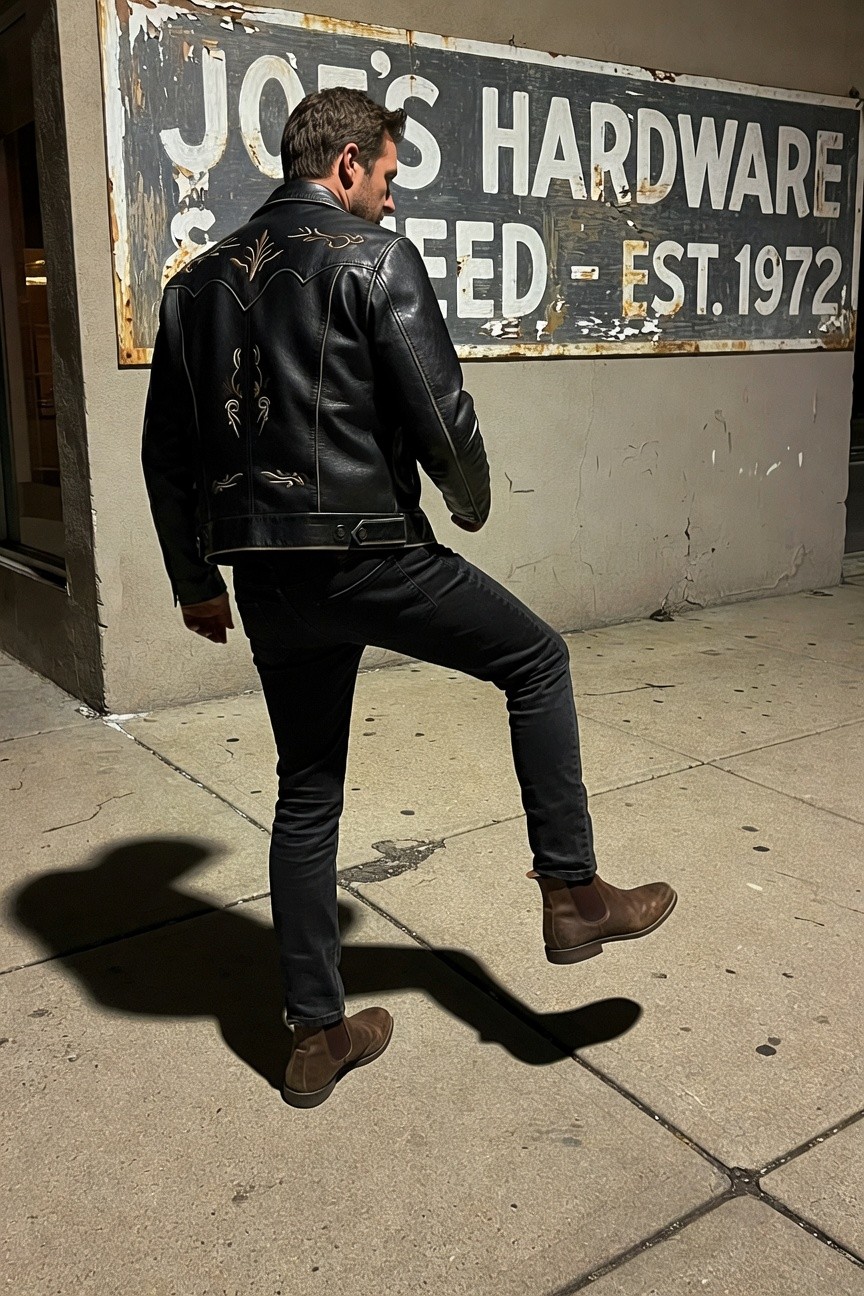 Back view of a man in a black embroidered leather jacket, slim black jeans, and brown leather ankle boots, walking away from Joe's Hardware store sign at night