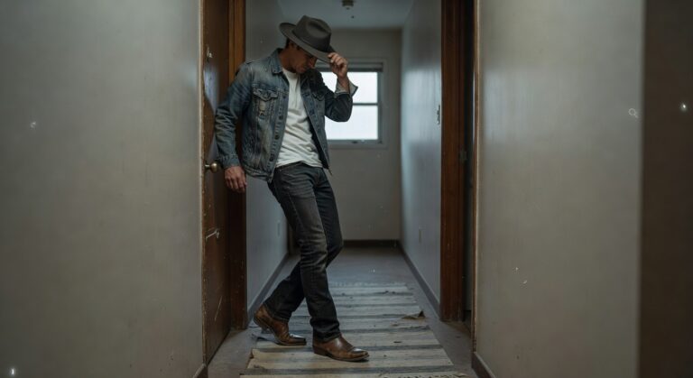 Man leaning against a wooden doorframe in a narrow hallway, wearing a black fedora, white t-shirt, light wash denim jacket, slim blue jeans, and brown leather boots, embodying modern cowboy style
