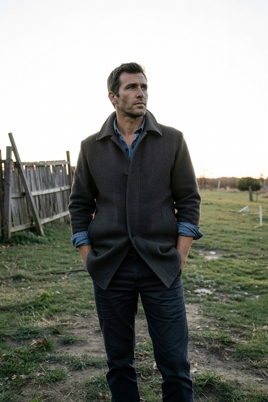 Man in open charcoal gray wool peacoat over light blue button-down shirt and dark trousers, hands in pockets, standing outdoors