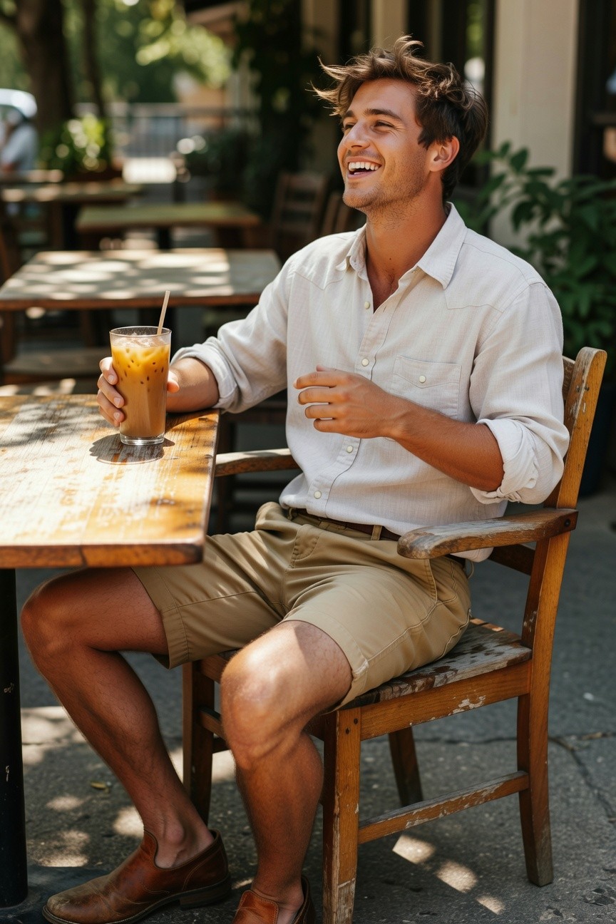 Man seated outdoors in cream linen button-up shirt with rolled sleeves, beige tailored shorts, brown leather belt, and brown loafers, holding a glass of iced tea at a wooden table