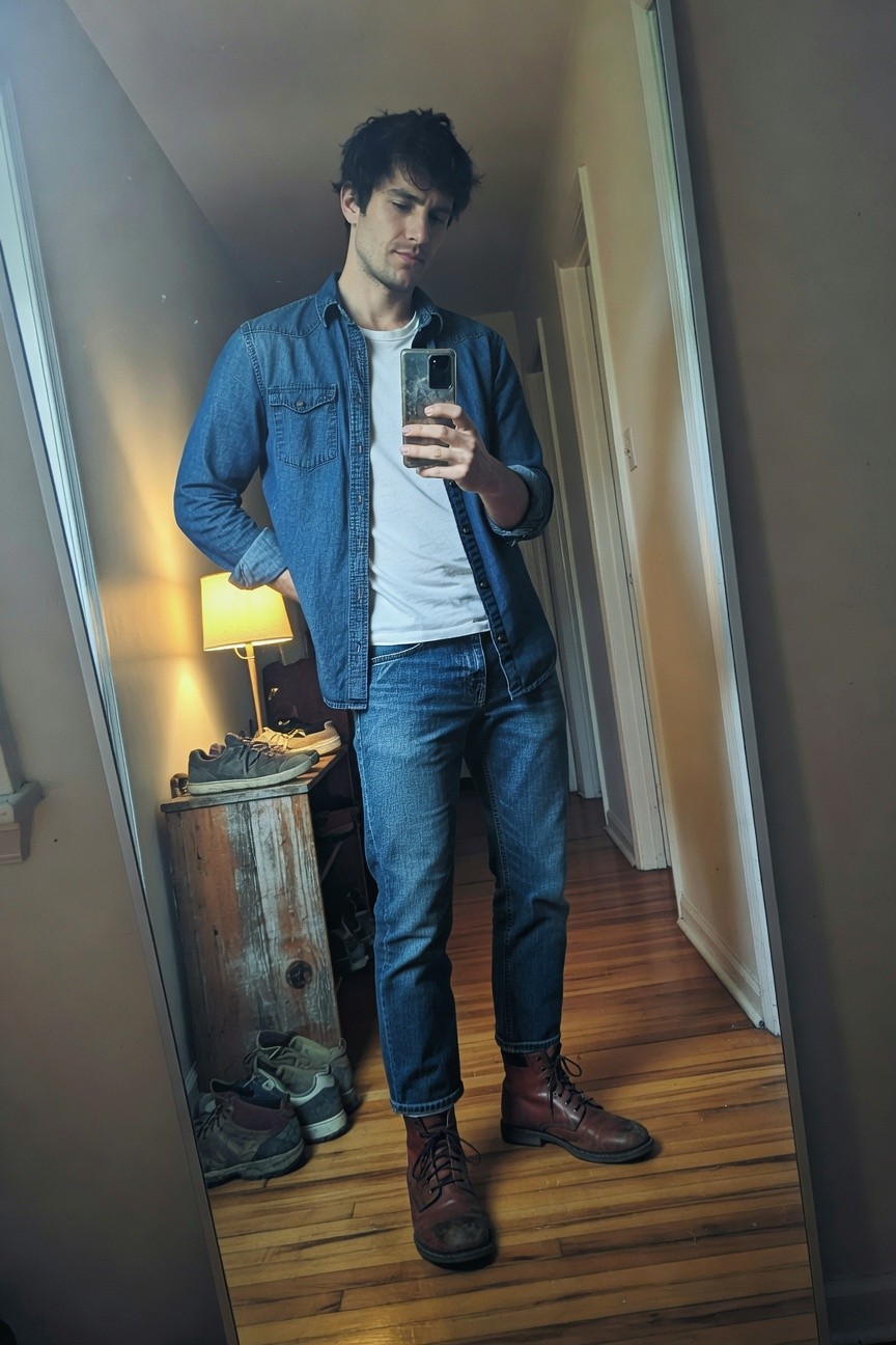 Mirror selfie of a man in an open blue denim jacket over white t-shirt, slim blue jeans, and reddish brown leather boots, standing casually in a hallway