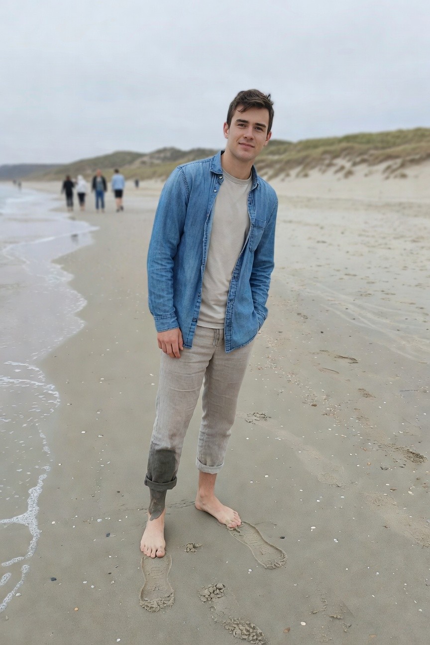 Man standing barefoot on sand in open blue denim shirt over white t-shirt, loose beige pants with dark brace on one ankle, casual modern cowboy style