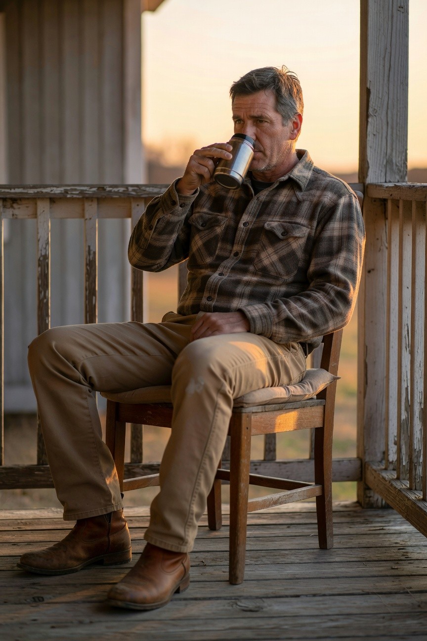 Man in a brown-and-gray plaid flannel shirt tucked into tan khaki pants, sitting with brown leather boots, holding a silver mug