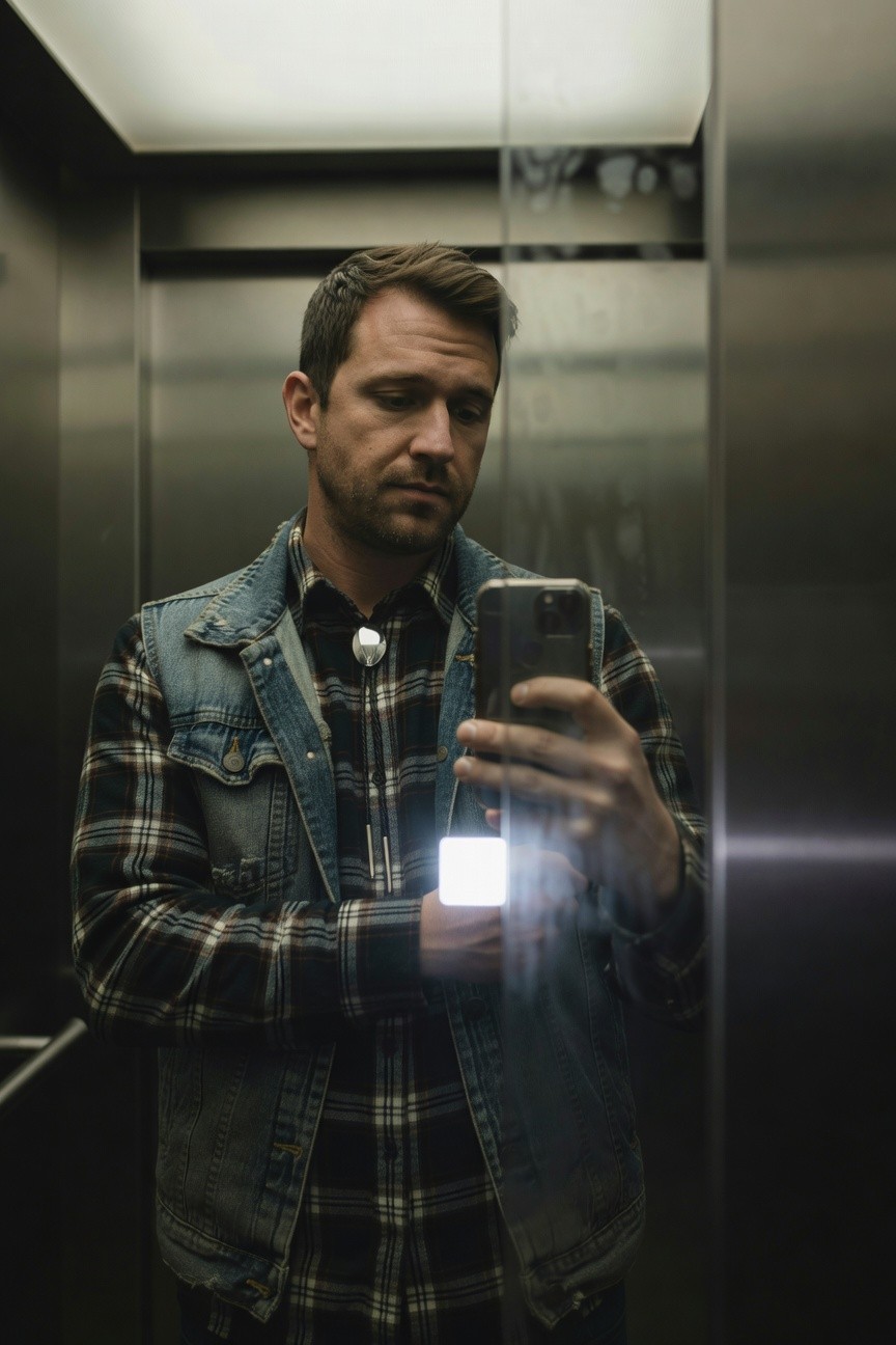 Man in elevator mirror selfie wearing dark plaid flannel shirt layered under faded denim vest, holding smartphone, casual modern cowboy style