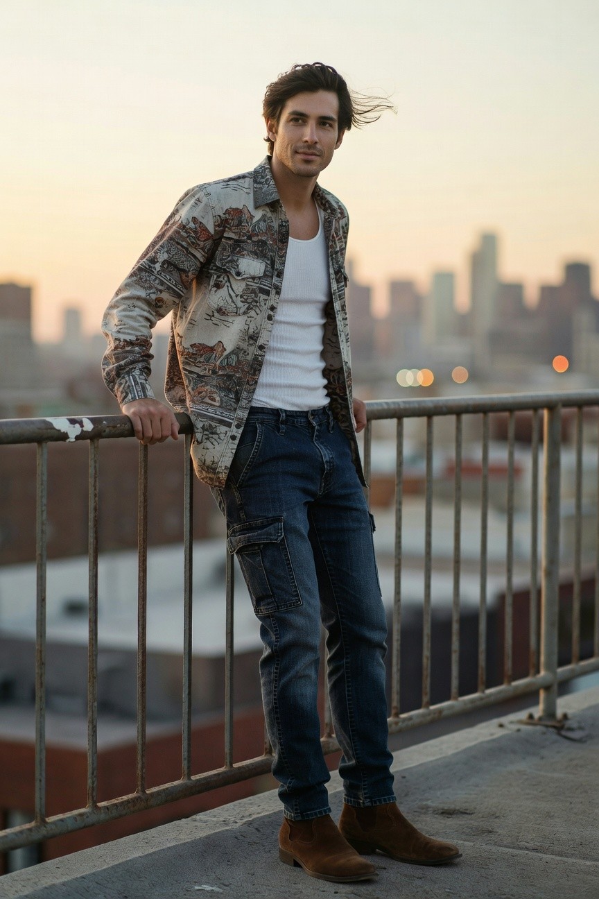 A man in a colorful printed button-up shirt open over a white tank top, dark blue cargo pants, and brown suede boots, leaning on a metal railing against an urban rooftop backdrop at dusk.