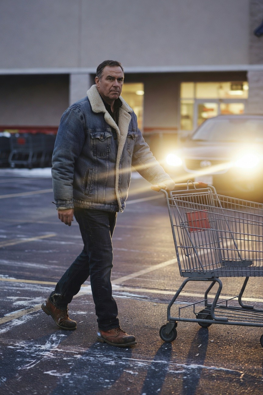 Man in blue shearling-collar denim jacket, dark jeans, and brown boots pushing a red shopping cart in a lit parking lot