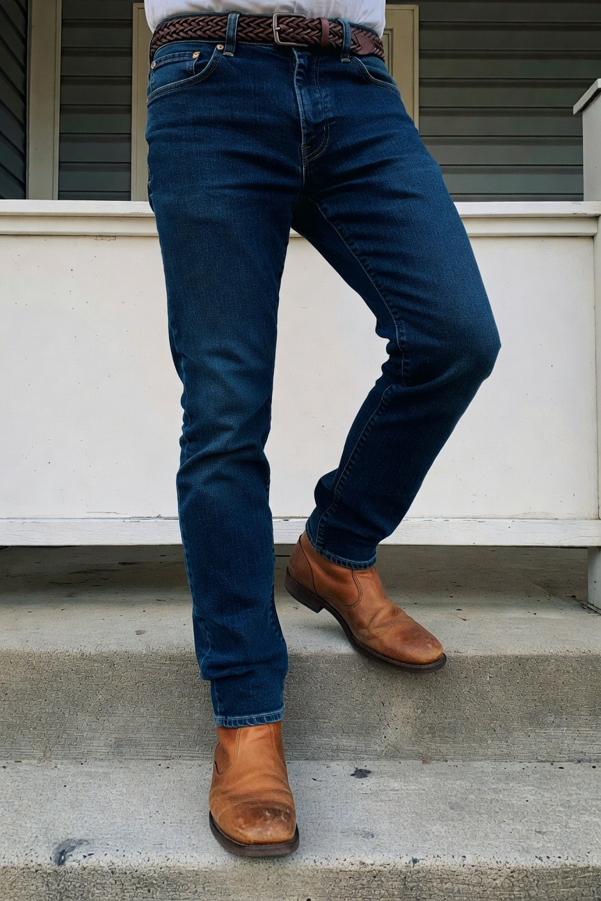 Man standing on porch steps in slim-fit dark blue jeans, brown braided leather belt, and tan square-toe leather boots, modern cowboy style for men