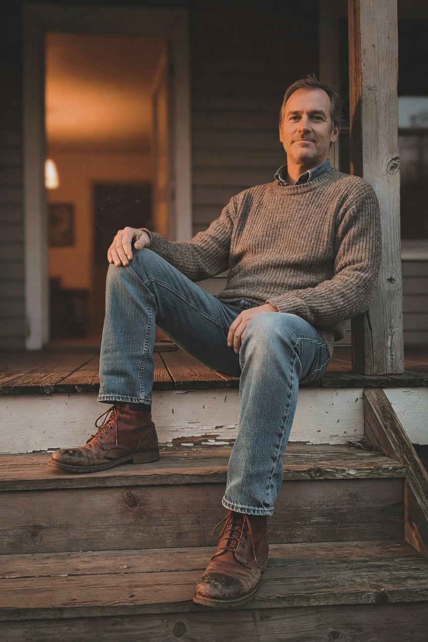 Man sitting on wooden steps in a beige knit sweater over collared shirt, blue straight-leg jeans, and reddish-brown laced work boots, relaxed pose