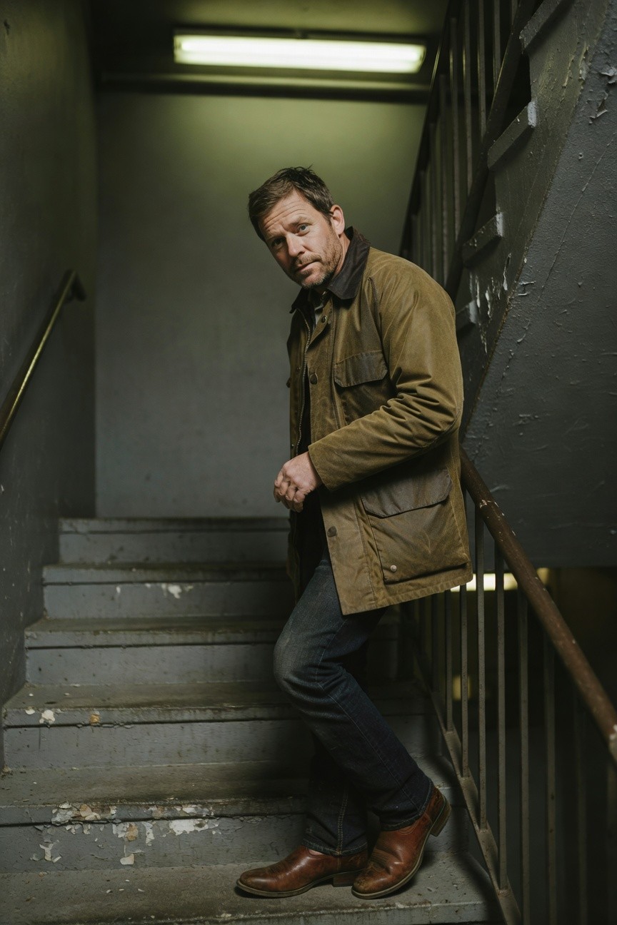 Man in olive waxed field jacket with brown leather collar, dark straight-leg jeans, and brown leather boots, leaning casually on metal stair railing in dim indoor stairwell