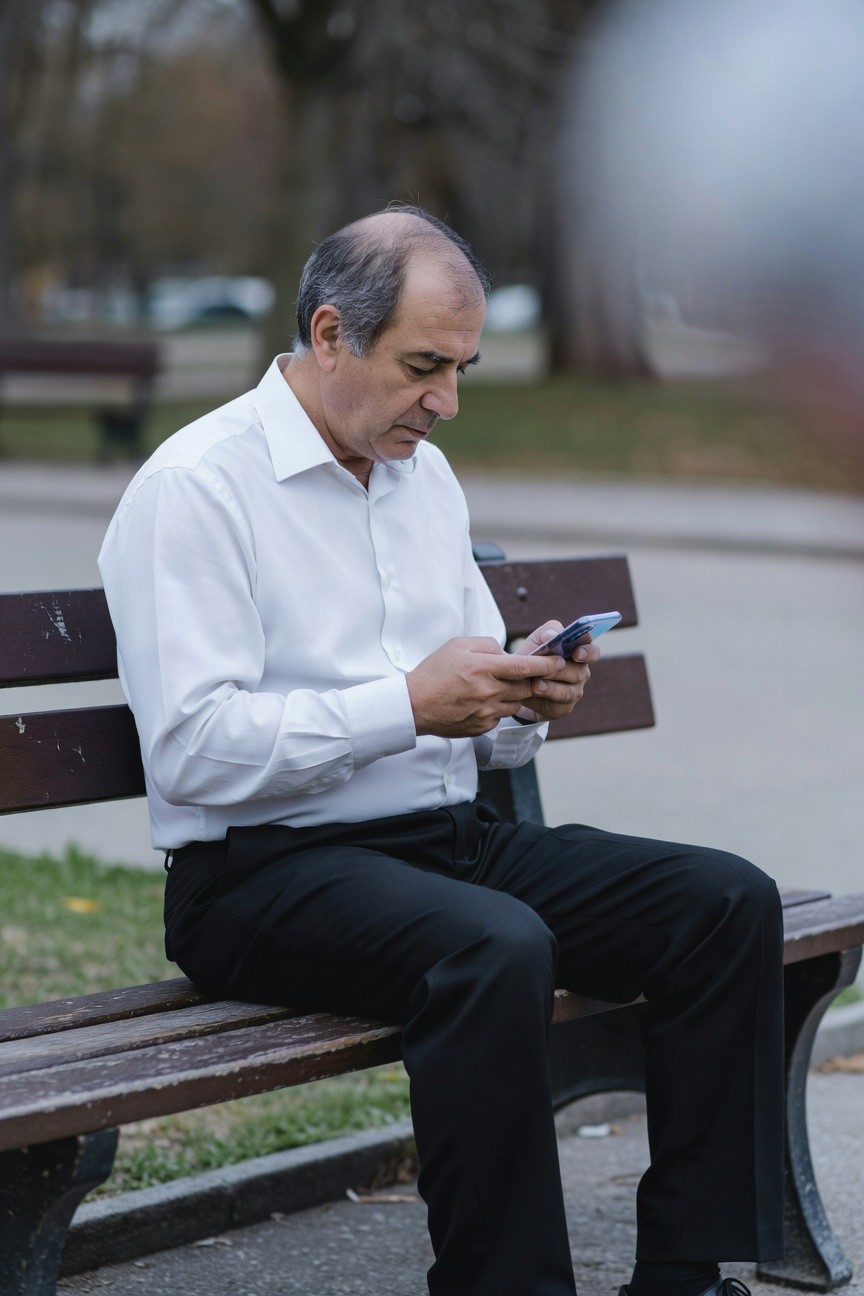 Older man in white dress shirt and black trousers sits on wooden park bench, checking phone amid autumn trees and blurred foreground orb, exuding relaxed sophistication.
