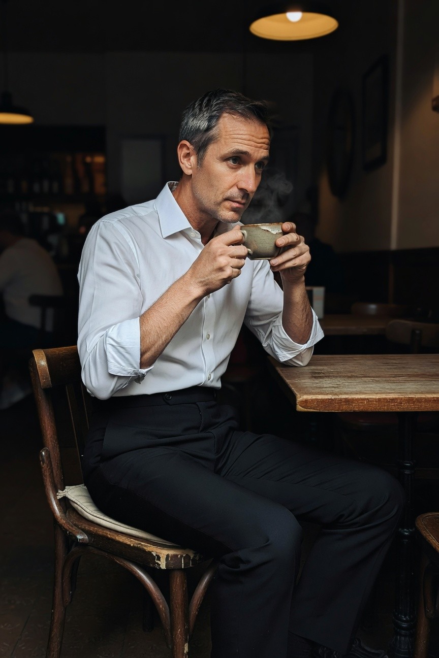 Middle-aged man with graying hair sits in a dimly lit cafe wearing a white dress shirt with rolled sleeves and slim black trousers, holding a steaming cup of coffee at a wooden table