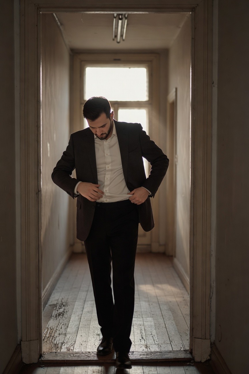 A man in a tailored charcoal suit jacket, white dress shirt, and black trousers stands in a sunlit hallway, adjusting his jacket with an elegant, poised posture.