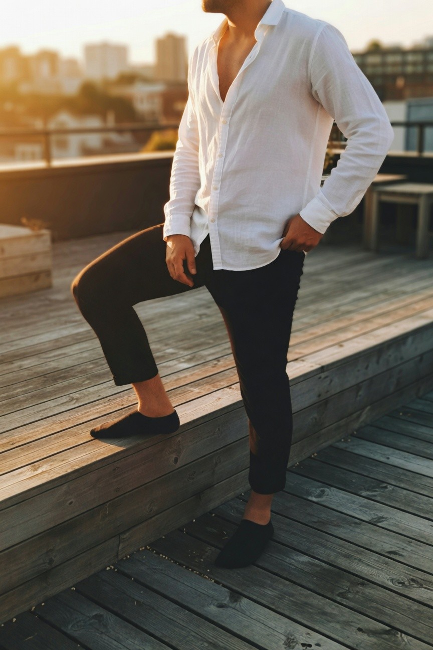A man poses confidently on a sunset-lit rooftop wearing an open-collar white linen shirt, slim black ankle-length pants, and dark slippers, with cityscape in the background