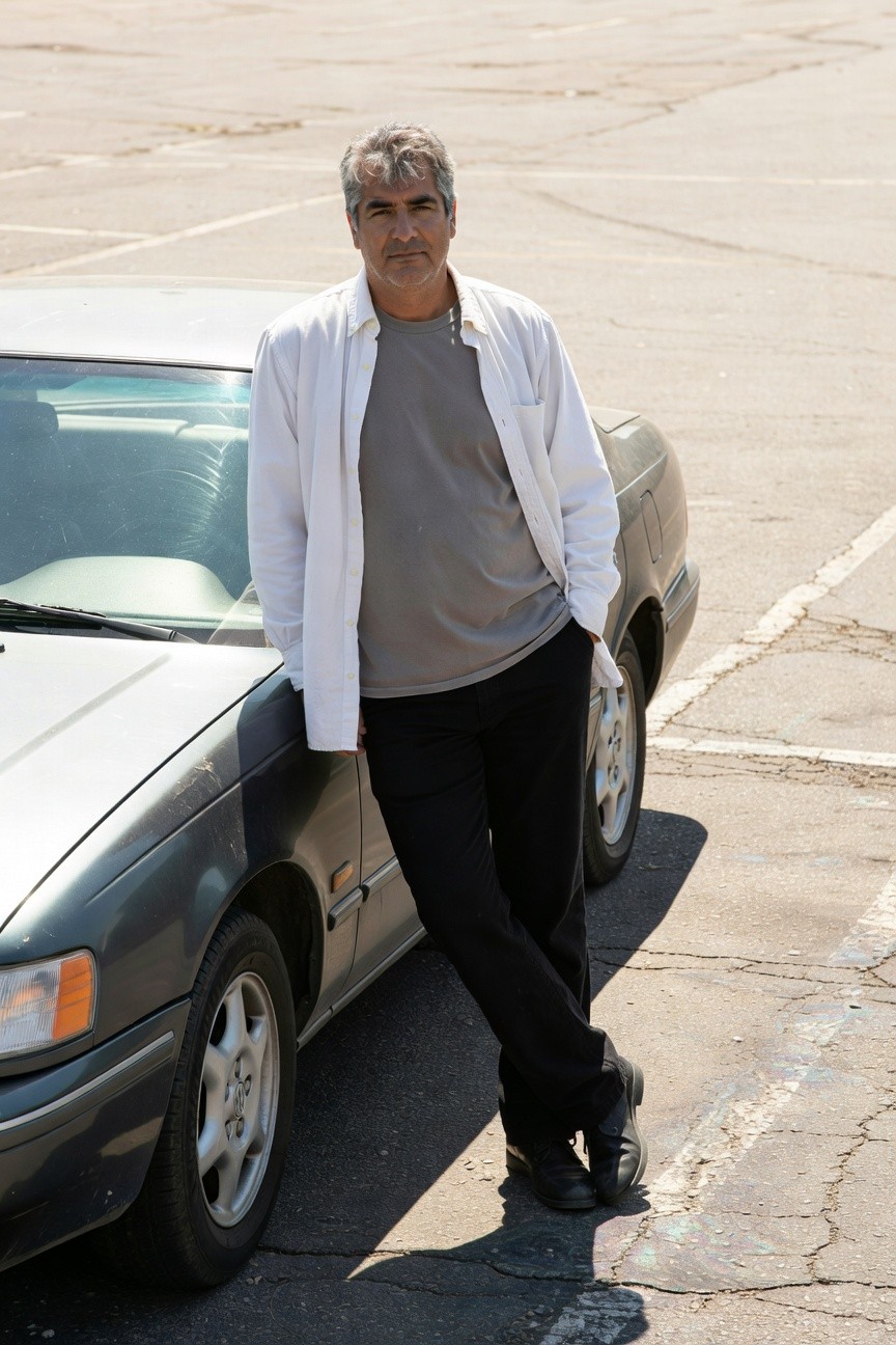 Middle-aged man with graying hair and beard leans confidently against a silver sedan in a sunlit parking lot, dressed in an open white button-up shirt over gray t-shirt paired with slim black pants and black shoes