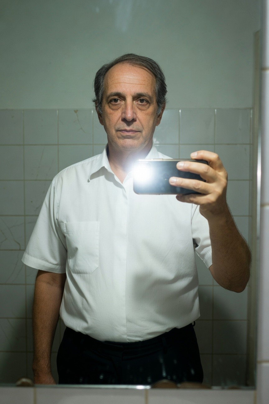 Middle-aged man taking a bathroom mirror selfie in a loose white short-sleeved button-up shirt and black trousers, phone flashlight illuminating his face against green-tiled walls.