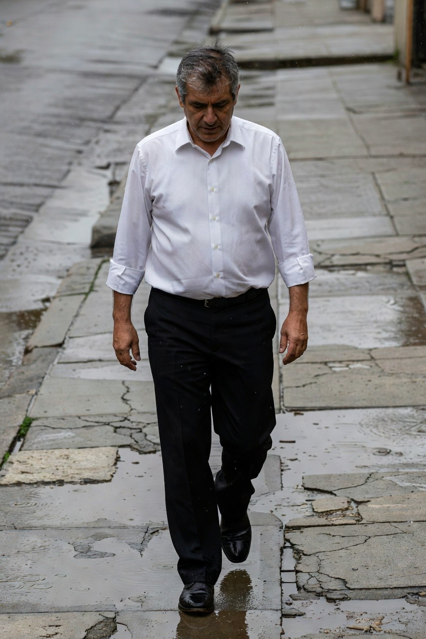 Mature man with graying hair walking confidently on wet cobblestone street in crisp white long-sleeve button-up shirt tucked into slim black trousers and polished black dress shoes, rainy urban atmosphere