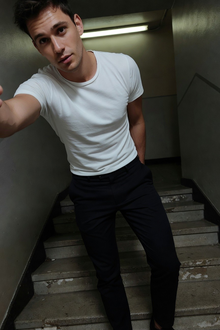 Young man leaning casually on dimly lit concrete stairs, wearing fitted white t-shirt, slim black trousers, and dark shoes, fluorescent light overhead casting shadows