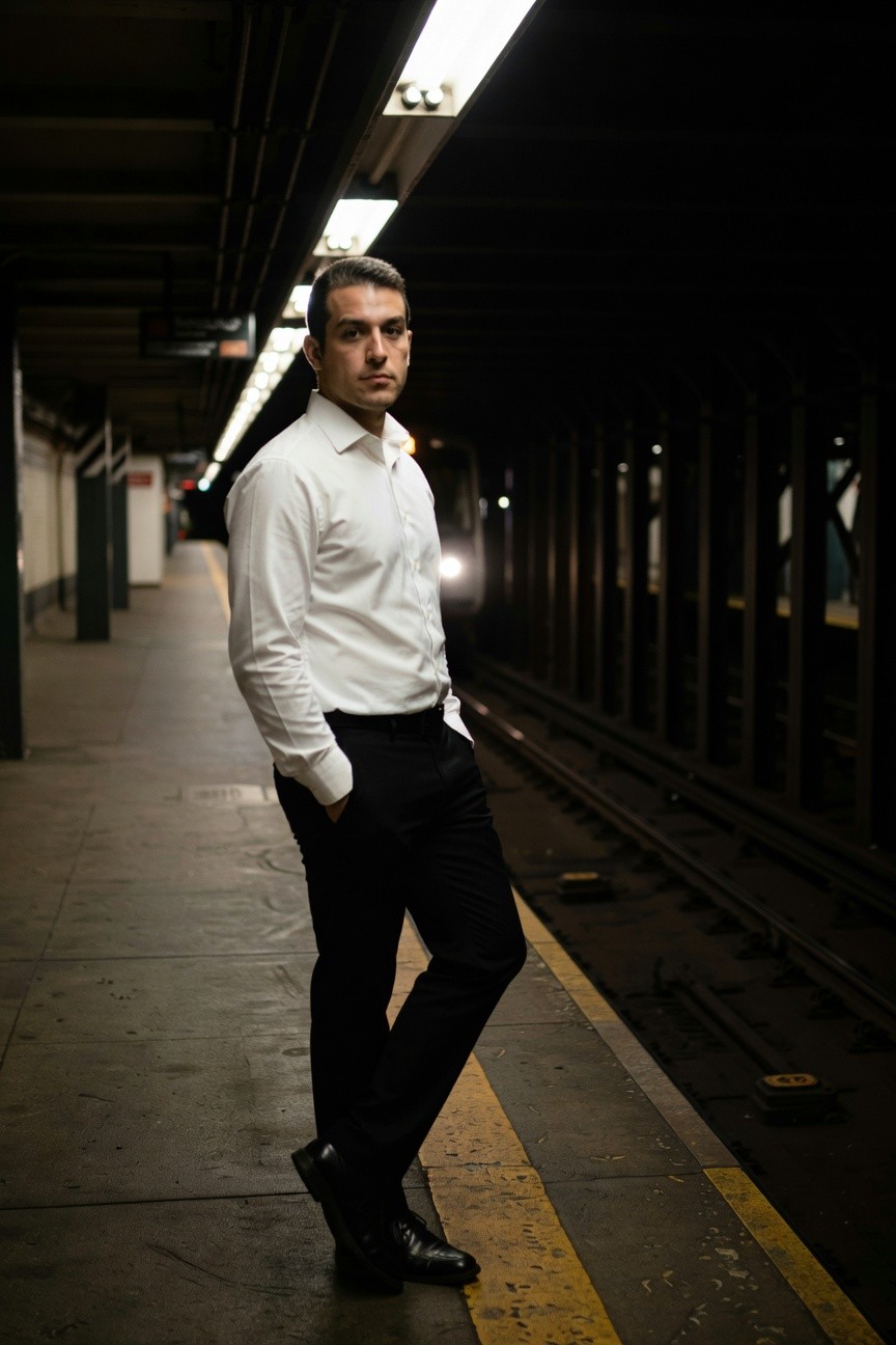 Side profile of a man in a white long-sleeve button-up shirt and slim black trousers standing casually on a dimly lit subway platform with tracks and fluorescent lights in the background