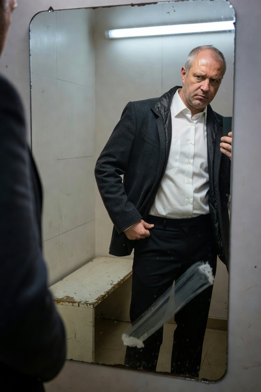 Middle-aged man in tailored black suit jacket over white dress shirt and slim black trousers poses confidently before a metal-framed mirror in a stark tiled room, one hand in pocket and the other holding a white cloth, fluorescent light overhead