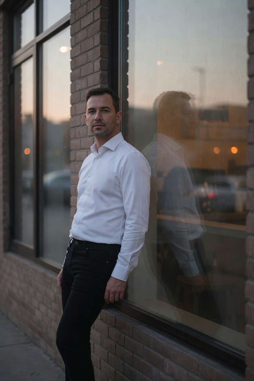 A man with short dark hair leans casually against a large reflective window on a brick building at dusk, dressed in a fitted white long-sleeve button-up shirt tucked into slim black pants, his silhouette and reflection visible against the urban evening glow.