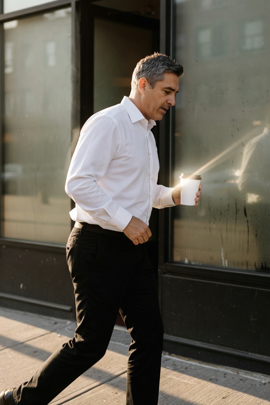 Middle-aged man with salt-and-pepper hair in a white button-up shirt and slim black trousers walks confidently out of a modern glass building holding a to-go coffee cup in late afternoon sunlight