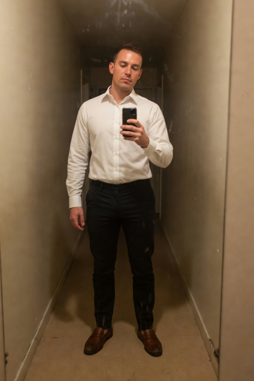 A man stands confidently in a mirrored hallway taking a selfie, wearing a crisp white long-sleeve button-up shirt tucked into slim black trousers and polished brown loafers, creating a sleek timeless black-and-white outfit contrast.