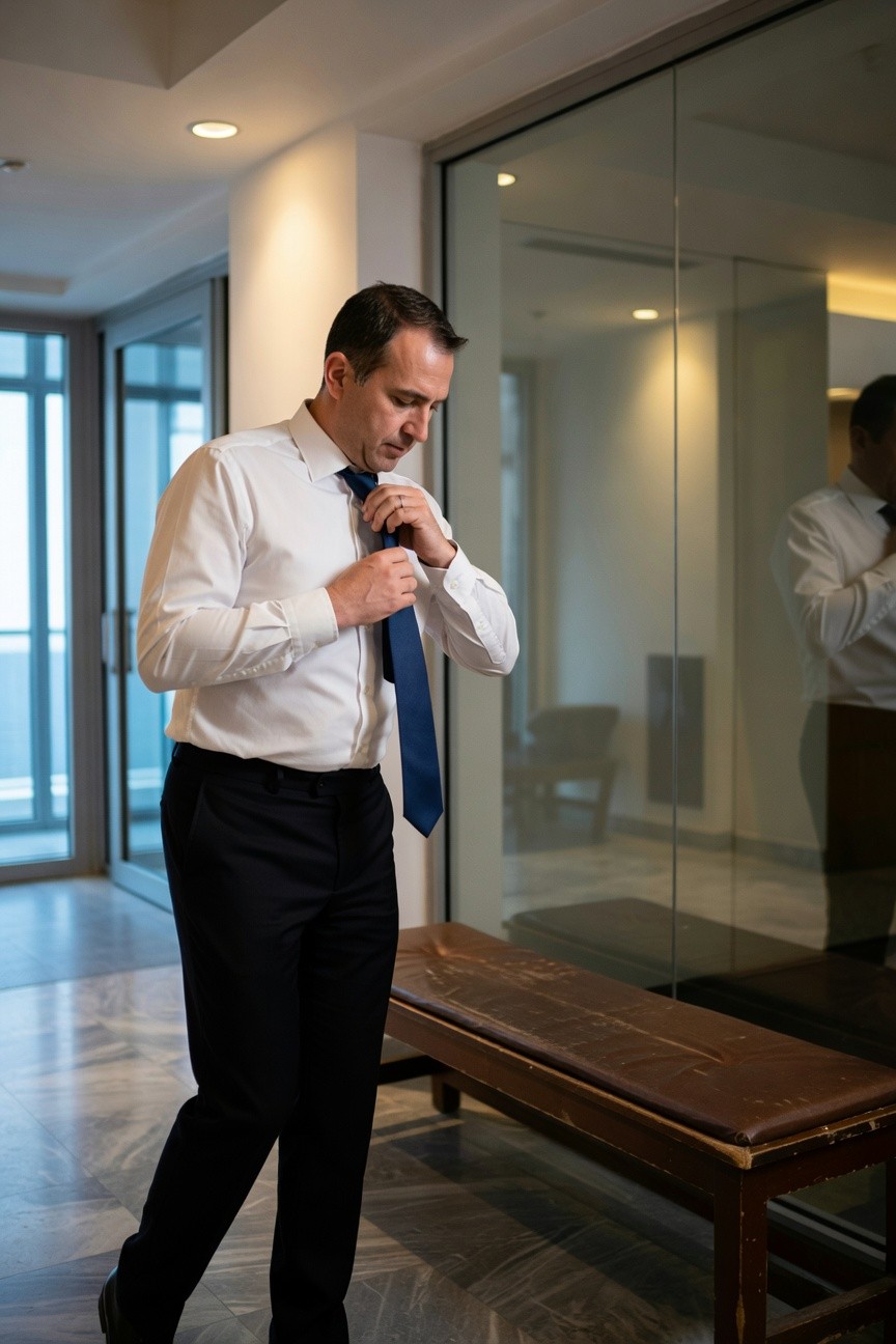 Man in white dress shirt and black trousers adjusts a blue necktie in a sleek glass-walled lobby with wooden bench and soft lighting