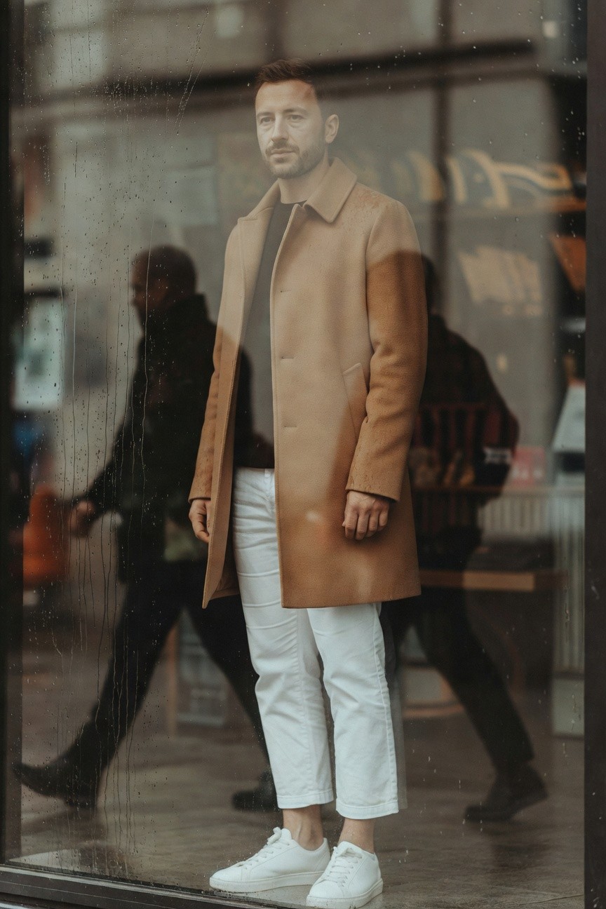 A man stands confidently in front of a rain-streaked glass storefront wearing wide-leg white pants, white sneakers, a black turtleneck, and an open camel-colored wool coat, with blurred urban reflections and passersby in the background.