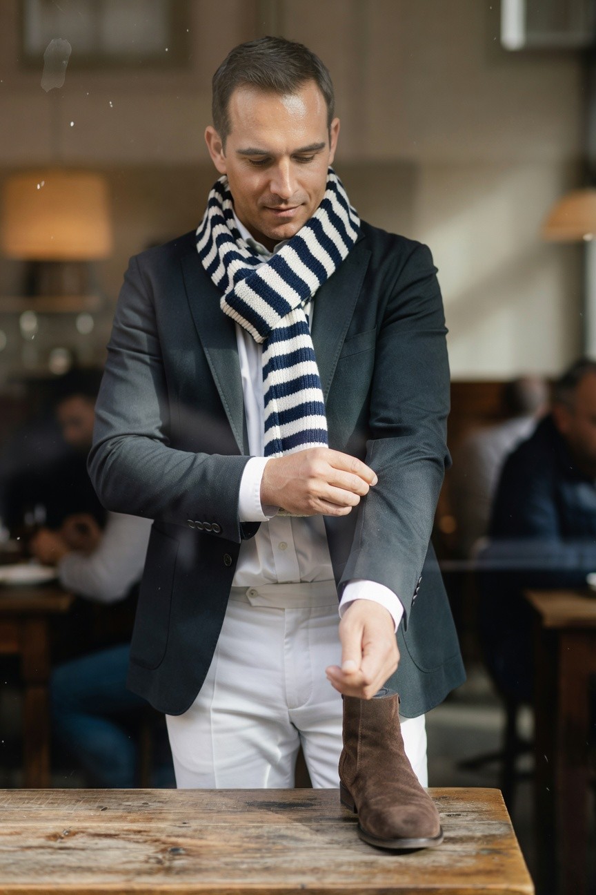 Well-dressed man in navy blazer, white shirt, white trousers, navy-white striped scarf, and tan suede boots, adjusting his cuff at a wooden cafe table with blurred patrons in background