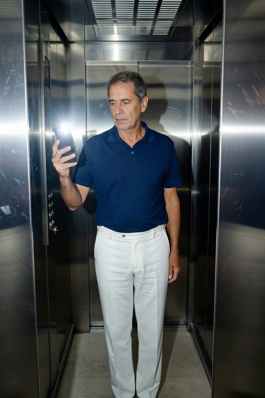 Silver-haired man in short-sleeve navy blue polo shirt and slim white trousers poses for mirror selfie in shiny elevator, phone in hand, exuding casual confidence