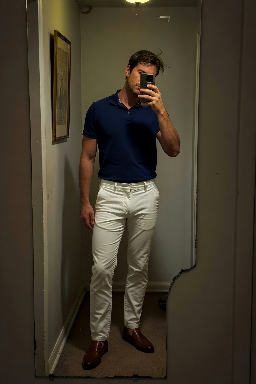 A man stands confidently in a hallway mirror selfie, wearing a fitted navy short-sleeve polo shirt with a popped collar, slim white chinos that taper at the ankles, and polished brown leather loafers, creating a sharp preppy casual look under warm lighting