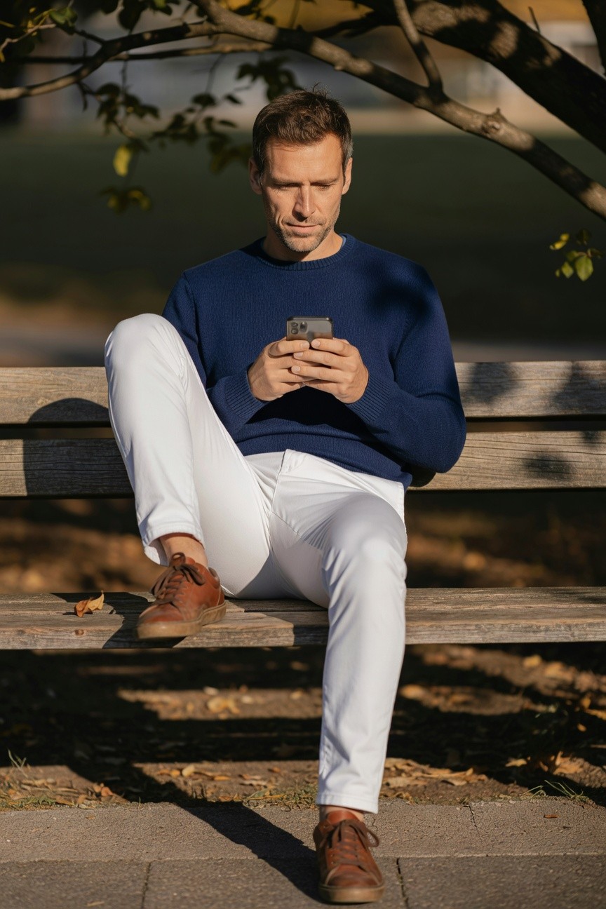 A handsome man with short brown hair sits cross-legged on a wooden park bench under autumn trees, wearing a fitted navy blue crewneck sweater, slim white trousers, and tan leather derbies, intently checking his phone in dappled sunlight.